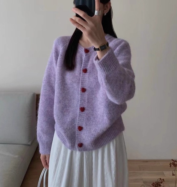 高级感爱心扣子毛衣外套女春季宽松奶fufu黄色针织开衫圆领上衣|undefined