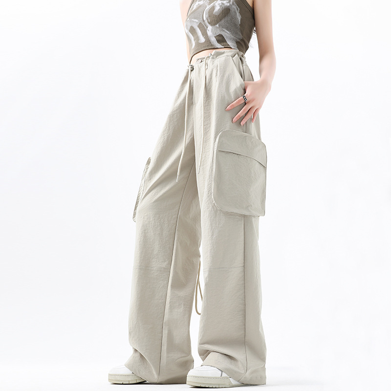 American Retro Lumberjack Cargo Pants for Women, Spring and Summer New Style, High-Waisted, Loose, Slimming, Drawstring, Casual Wide-Leg Sports Pants