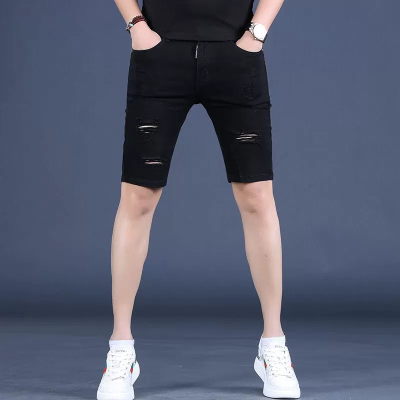 Летние тонкие черные рваные джинсовые шорты для мужчин, брюки длиной до колена с пятью точками, модные брендовые мужские брюки средней длины в корейском стиле, элитная мода.