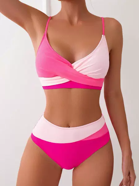 2025 Amazon New Swimwear Color Bikini European and American Swimwear Chest Cross Swimwear Fashion Swimwear