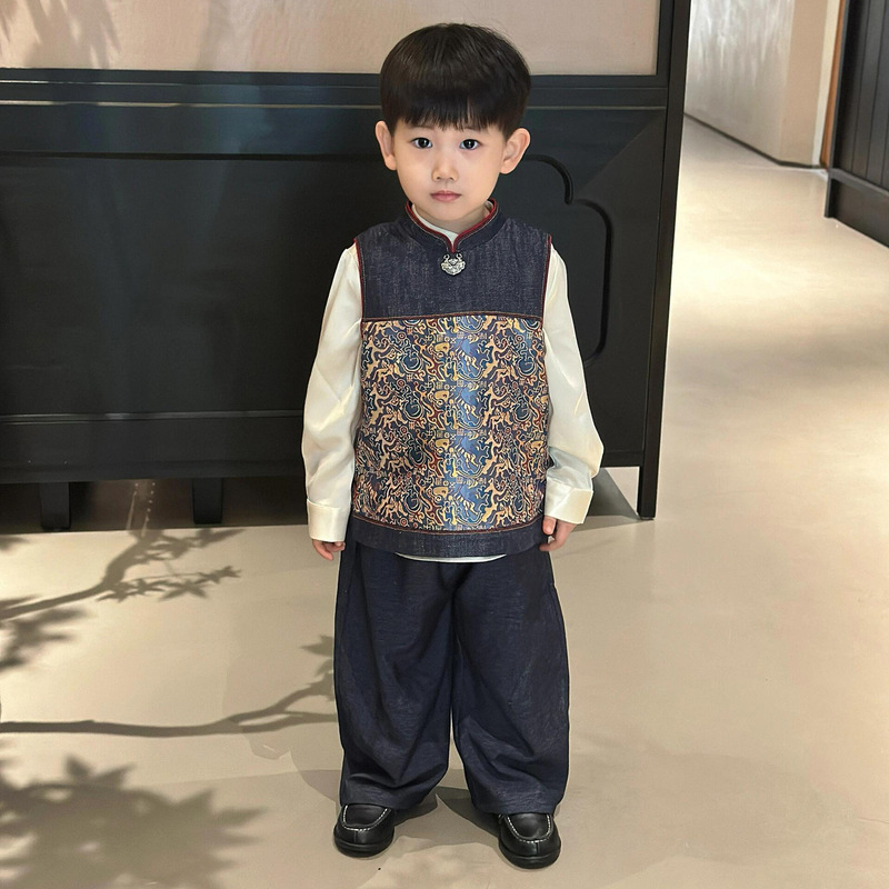 男童汉服套装2025新款洋气儿童新中式坎肩马甲宝宝周岁礼服唐装潮|undefined