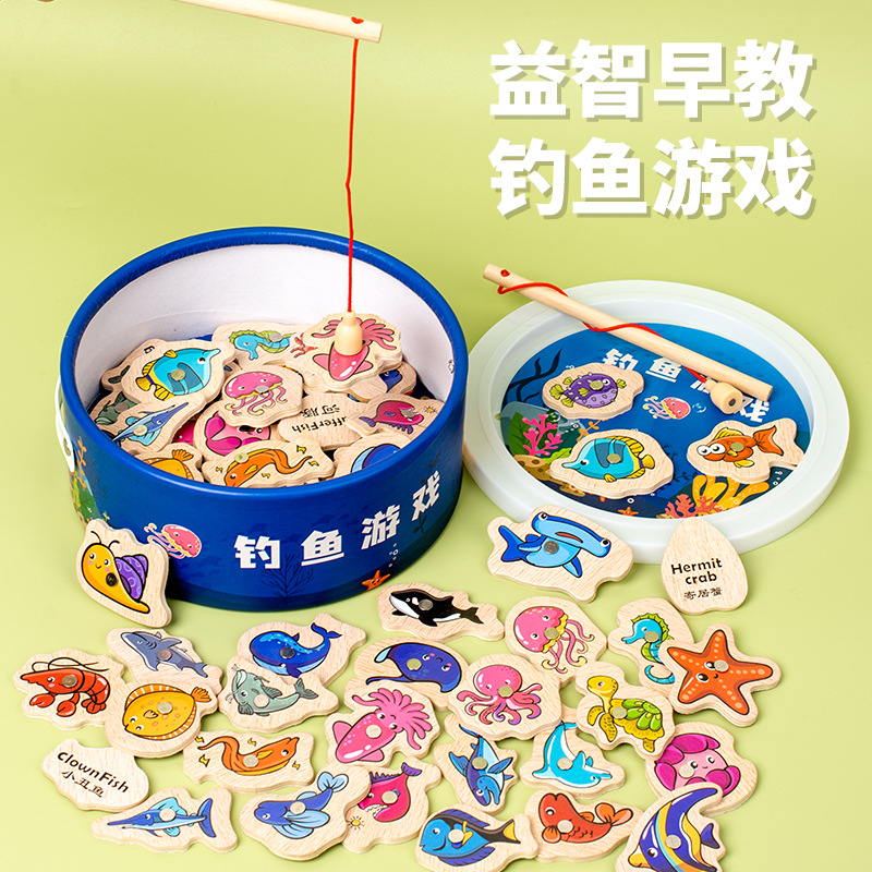 Wooden Barrel Magnetic Fishing Toy Educational Early Education Cognitive Children Magnetic Fish One-year-old Baby Educational Toys