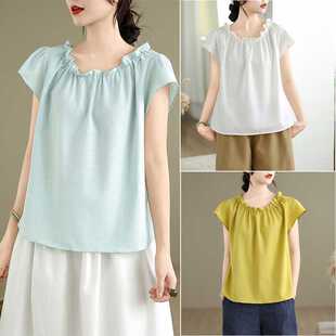 Real Shot of 2025 Summer French Cotton and Linen Texture Loose Short-Sleeved T-Shirt Summer Fungus Drawstring Round Neck Shirt for Women