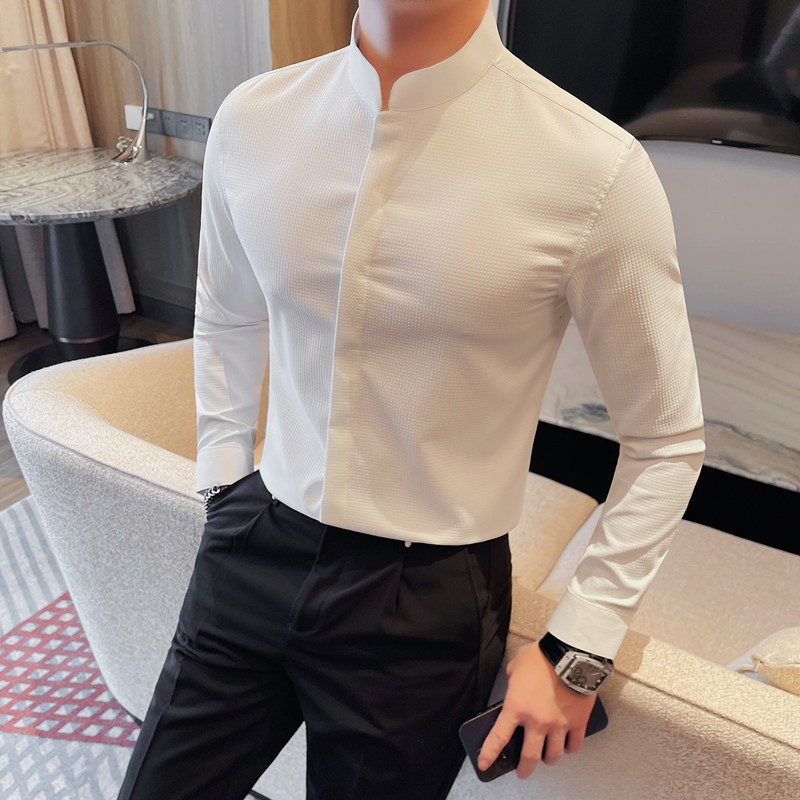 2025立领衬衫男士暗扣长袖衬衣春季新款韩版修身衬衫密文一件代发