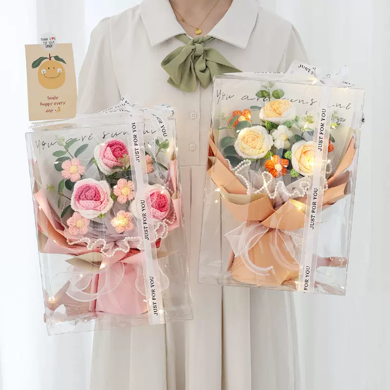 创意针织毛线花玫瑰花泡芙编织花束成品生日礼物送女生七夕情人节