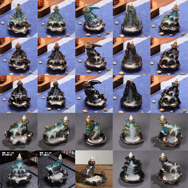 新款倒流香炉创意家居摆件陶瓷炉工艺品双鱼回流窑变观赏跨境专供