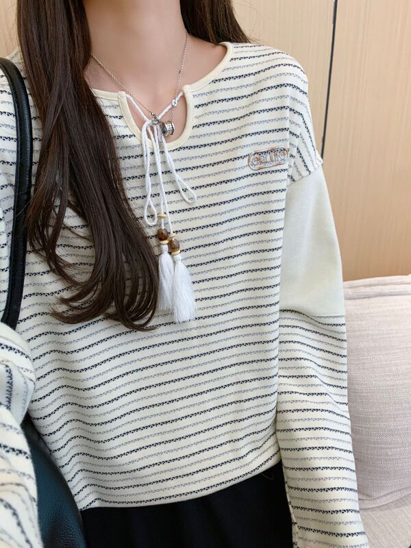 AE韩系条纹T恤女秋季复古系带新款气质薄款松弛长袖上衣790|undefined