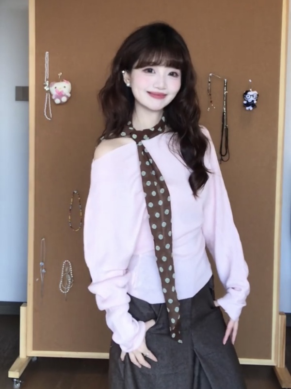 韩系粉色薄款一字露肩长袖t恤女早秋季别致巨好看绝美打底衫上衣|undefined