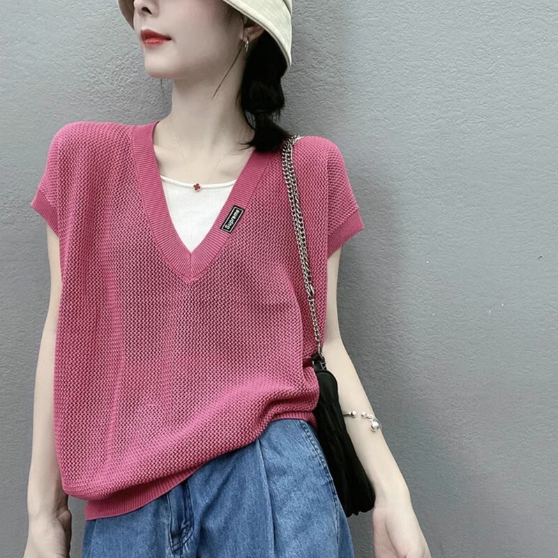 2026 Summer New Breathable Thin Hollow-Out Faux Two-Piece Short-Sleeve V-Neck Pullover Solid Color Versatile Knit Top for Women