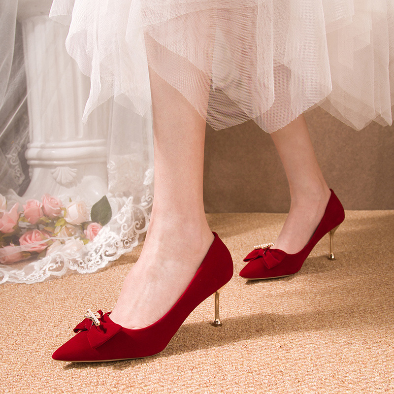 Temperament bow fashion shoes 2022 spring new Korean comfortable French heel wedding shoes wholesale