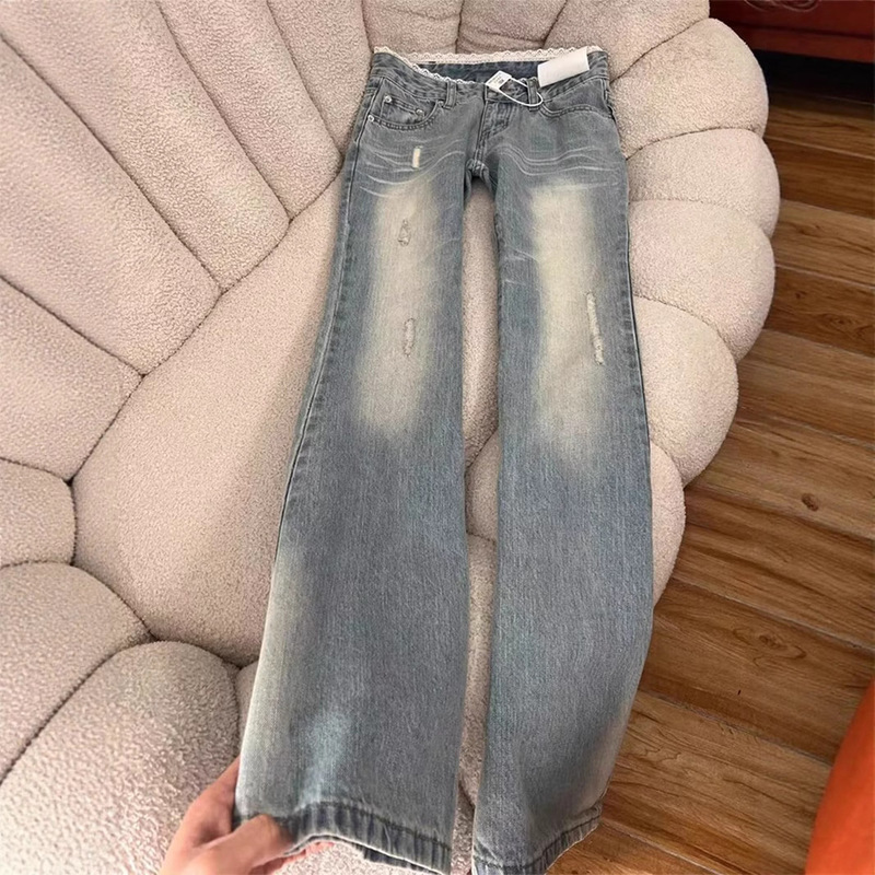 Retro Washed Light-Colored Bootcut Jeans for Women Spring and Summer New Lace Splicing Low-Waist Loose Non-Leg-Hugging Flared Pants