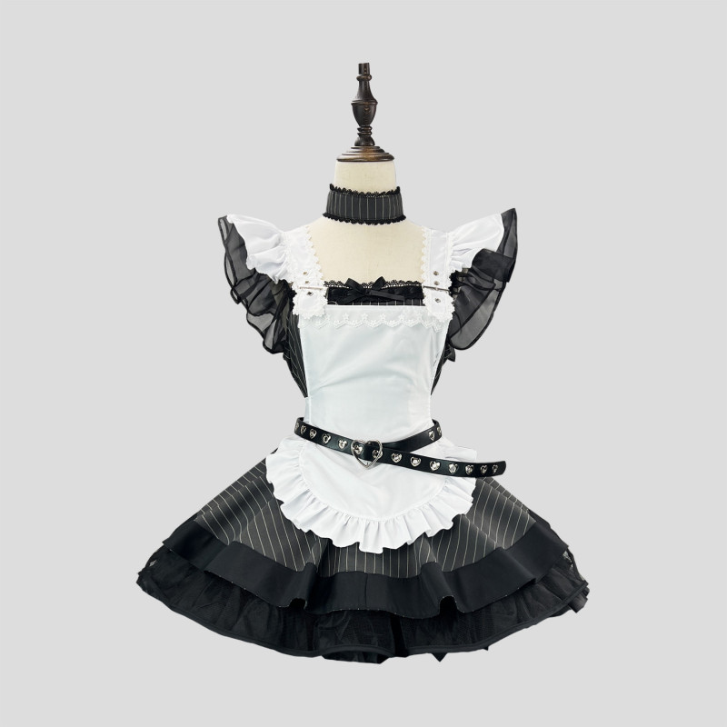 新しいレトロな黒と白のストライプロリータメイド衣装サブカルチャー日本のかわいいエプロンスーツcosドレス|undefined