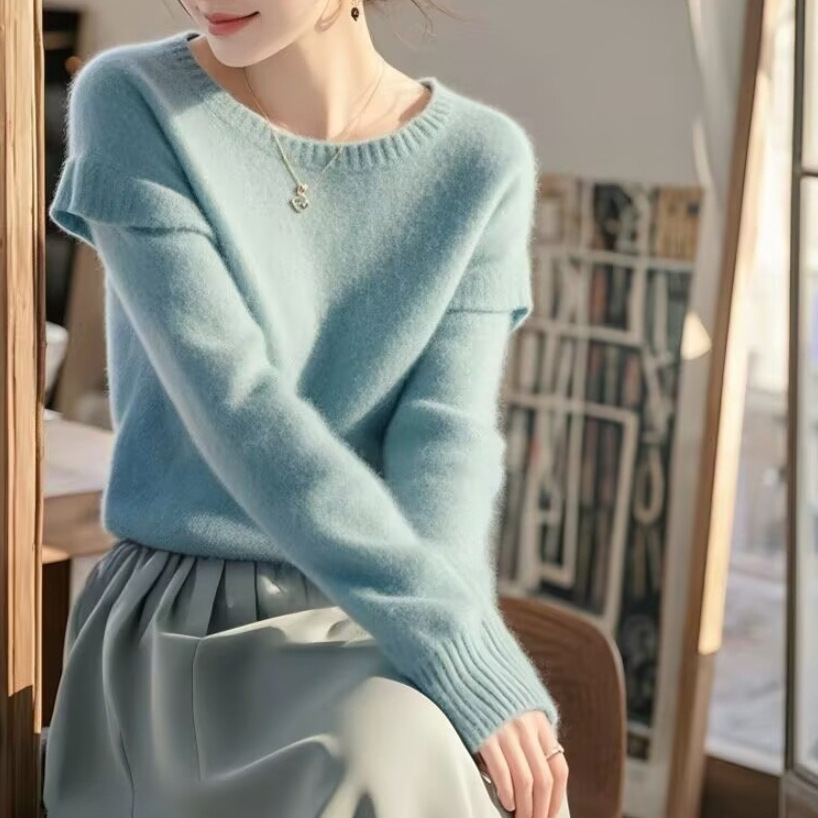 모헤어 블루 소프트 왁스 스웨터 가을과 겨울 새로운 디자인 센스 니쉬 하이 엔드 센스 기질 내부 여성용 니트 탑