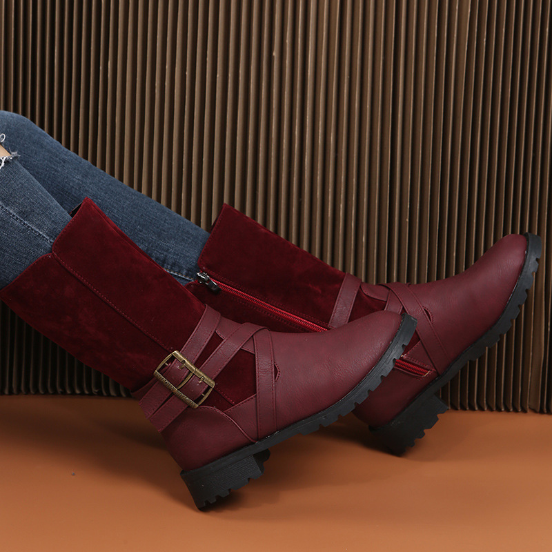 Damenschuhe, Martin-Stiefel mit mittlerer Röhre, Gürtelschnalle, runder Kopf, niedriger Absatz, Ritterstiefel mit seitlichem Reißverschluss, Lederstiefel_voghion.com