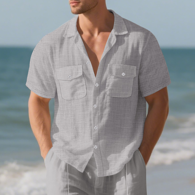 Men's Summer Shirt Double Pocket Solid Color Short Sleeved Shirt Casual Vacation Lapel Shirt_voghion.com