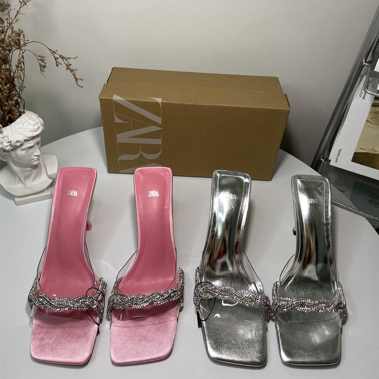 ZA New Square Head Rhinestone Lustrous Winding Belt with PVC High Heel Rear Empty Open Toe Thin Heel Fashion Sandals for Women