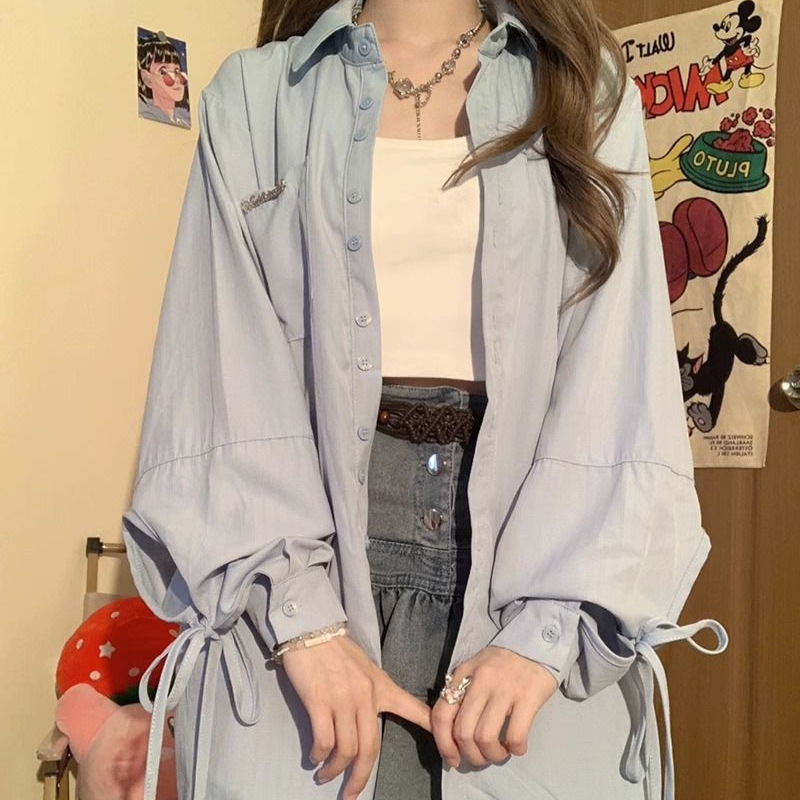 Blue Shirt for Women, Autumn 2026 New Style, Lace-Up Design, Niche French-Style Long-Sleeve Shirt, Hong Kong Chic Top Blue Shirt for Women, Autumn 2026 New Style, Lace-Up Design, Niche French-Style Long-Sleeve Shirt, Hong Kong Chic Top