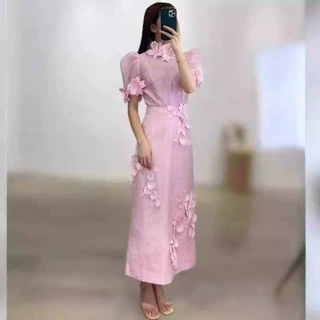新款夏季海边度假粉色甜美连衣裙套装泡泡袖时尚小礼服裙平时可穿
