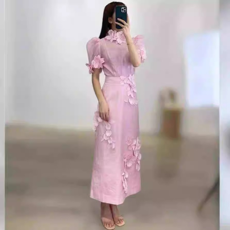 New Summer Seaside Vacation Pink Sweet Dress Suit Puff Sleeves Fashionable Small Dress Skirt Can Be Worn On Weekdays_ecoleips.com