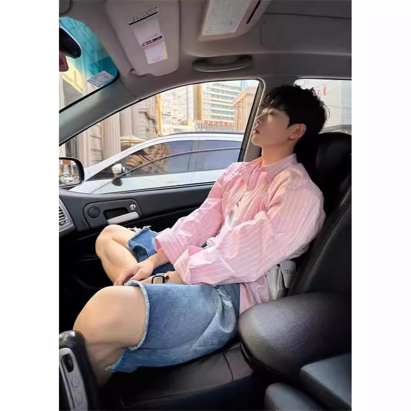 Vintage Pink Shirt Men's and Women's Ins High-end Striped Shirt Coat Sunny Clean for Boys in Spring and Autumn