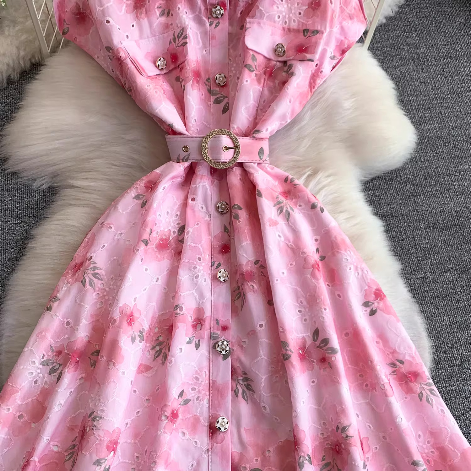 Youthful French Style Embroidered Print Dress With Raglan Sleeves Button Down Waist Cinching Long Light Luxury Summer Dress_ecoleips.com