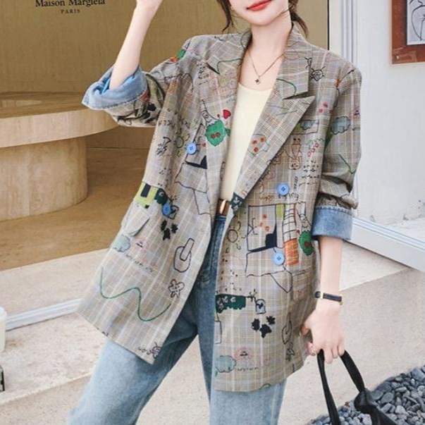 2025春秋灰色格子西装外套女时尚感爆款炸街宽松休闲涂鸦印花西服|undefined