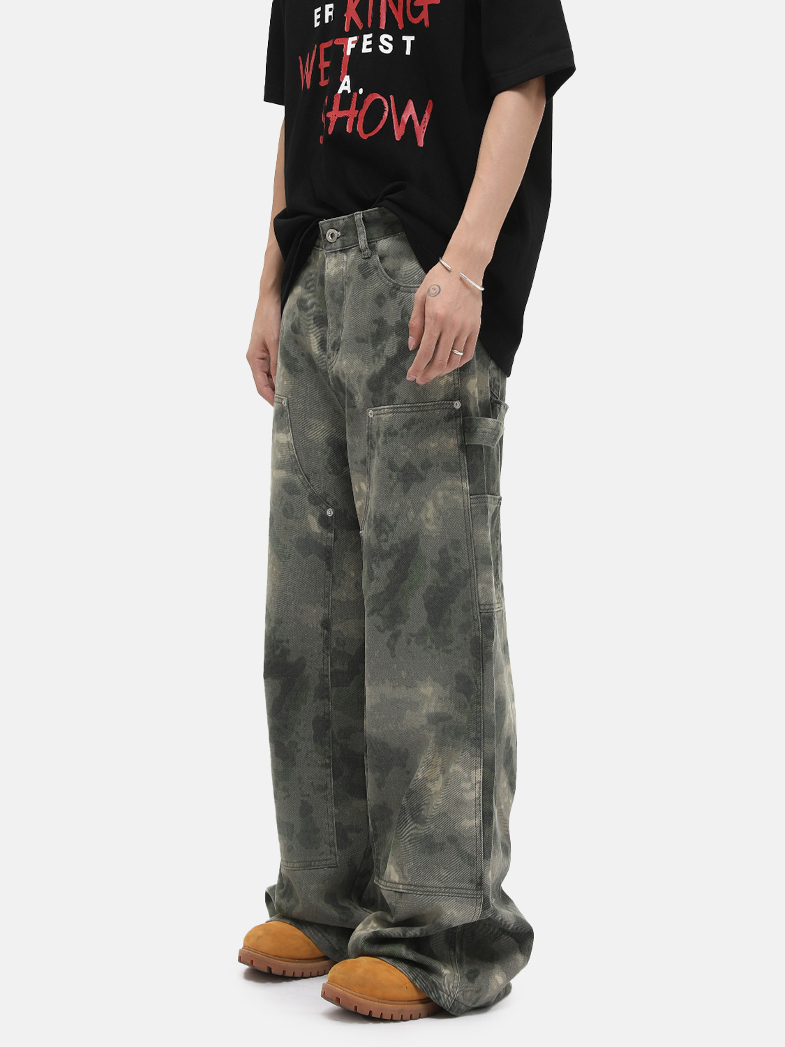 MTLCLOTHES Ropa de hombre | Camuflaje desgastado, costura descolorida, herramientas deconstruidas, jeans rectos de pierna ancha, moda casual