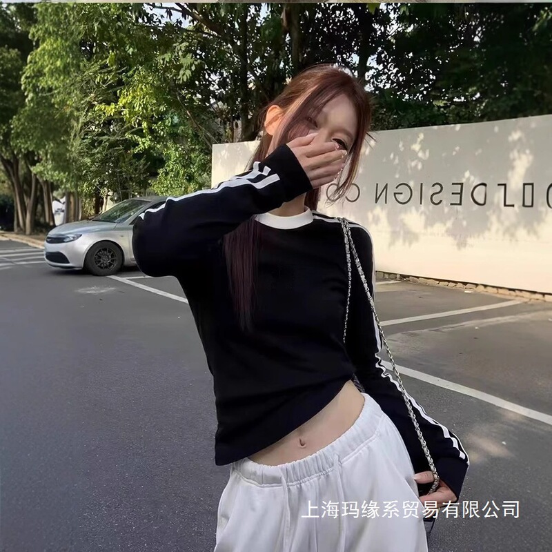 Clover Slim-Fit Sports Round-Neck Long-Sleeve T-Shirt for Women, Summer Thin Base Shirt Top with Three Stripes, 2025 Wholesale