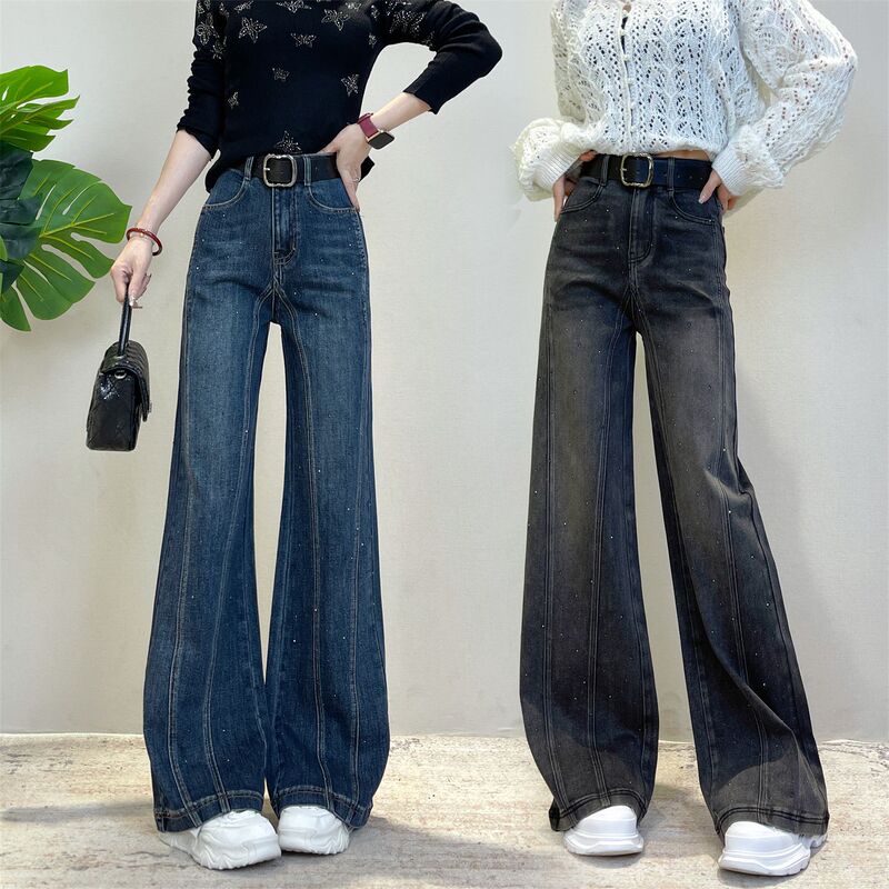 Fashionable Rhinestone Design Slim Fit Flared Jeans for Women, Spring and Autumn 2026 New Versatile High-Waisted Slimming Bootcut Pants