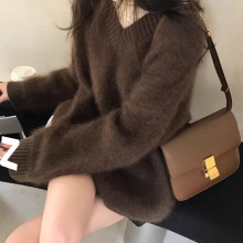 套头针织衫外穿加厚软毛衣女宽松V领上衣秋冬马海毛糯慵懒风欧货