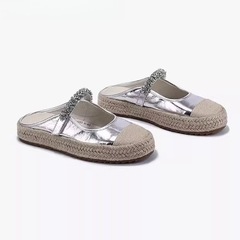 若紀2024夏新款麻繩編織半包拖鞋女銀色瑪麗珍鞋輕便時尚百搭板鞋