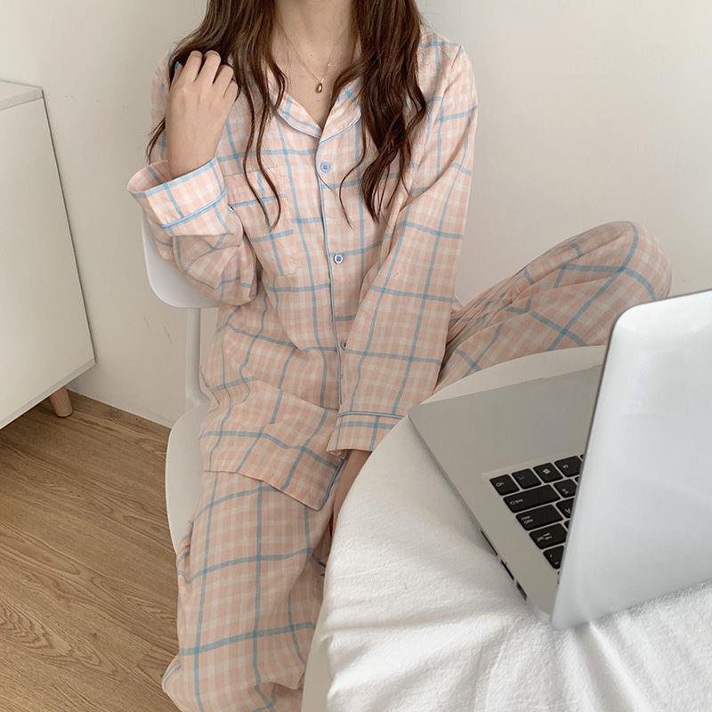 Pajamas Women's Spring and Autumn long-sleeved cardigan Korean sweet fresh student home wear suit autumn loose cherry blossom Plaid