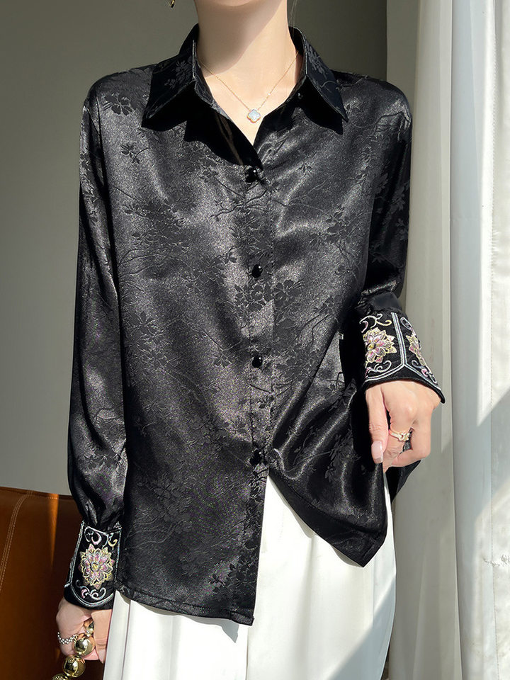 Áo sơ mi nữ dài tay cổ sơ mi thêu hoa văn jacquard chất satin cao cấp — Màu be, Màu hồng, Màu đen