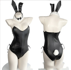 Intimate Passion Lingerie Seductive Patent Leather Bodysuit with Open Gown Double Layer Sexy Uniform Bunny Girl Nightclub Character Costume