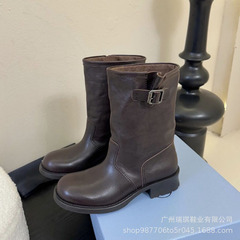 高端品质2025秋冬新款牛皮厚底骑士靴气质百搭粗跟圆头中长靴女士