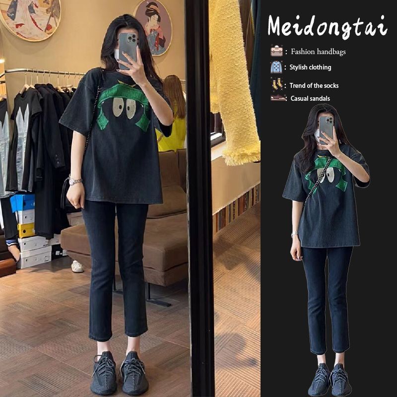 Summer wear a 2023 new cartoon printed cotton T-shirt black denim wide leg pants women's fashion [single piece]]