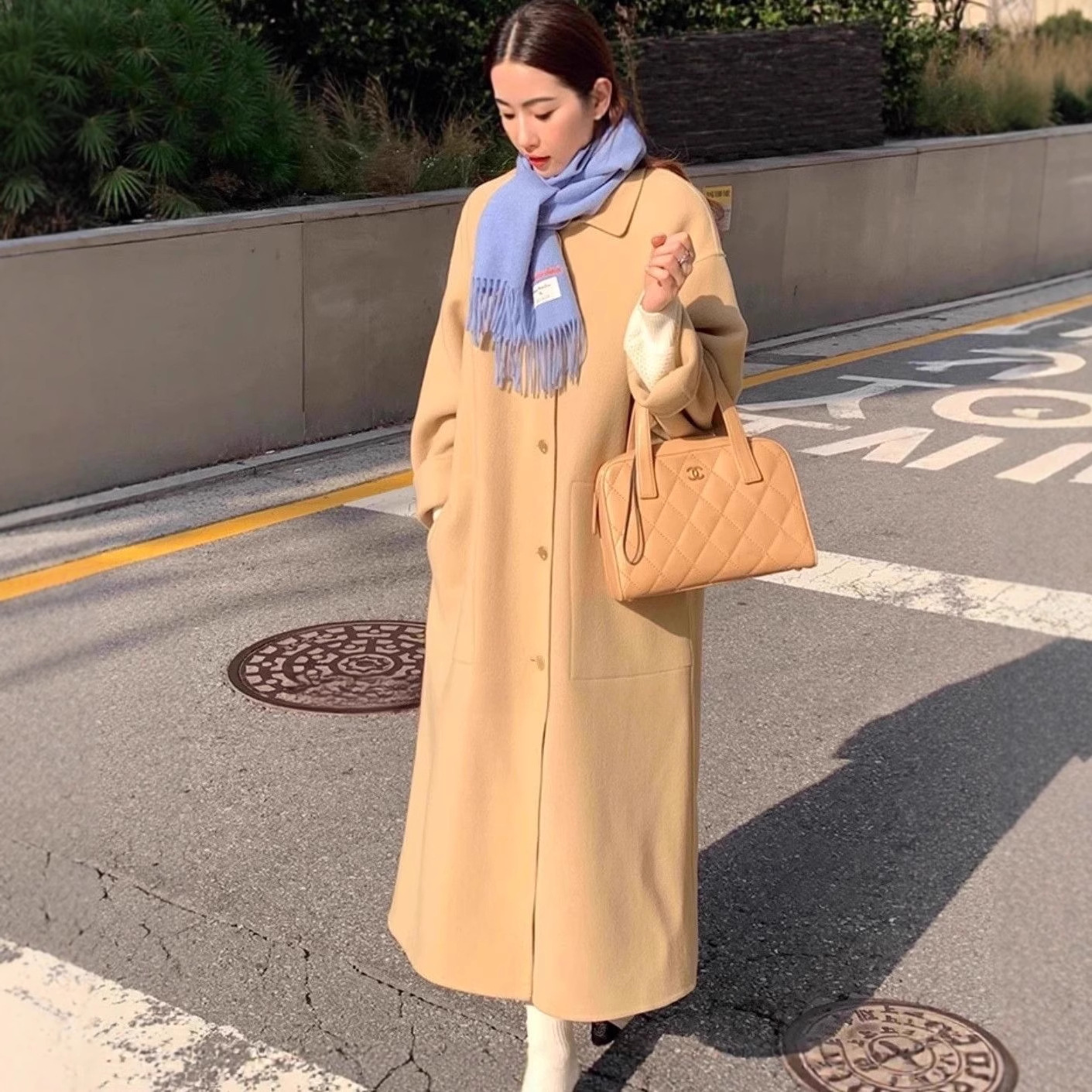 黄色高级感中长款毛呢外套女秋冬新款简约赫本风双面羊绒呢子大衣