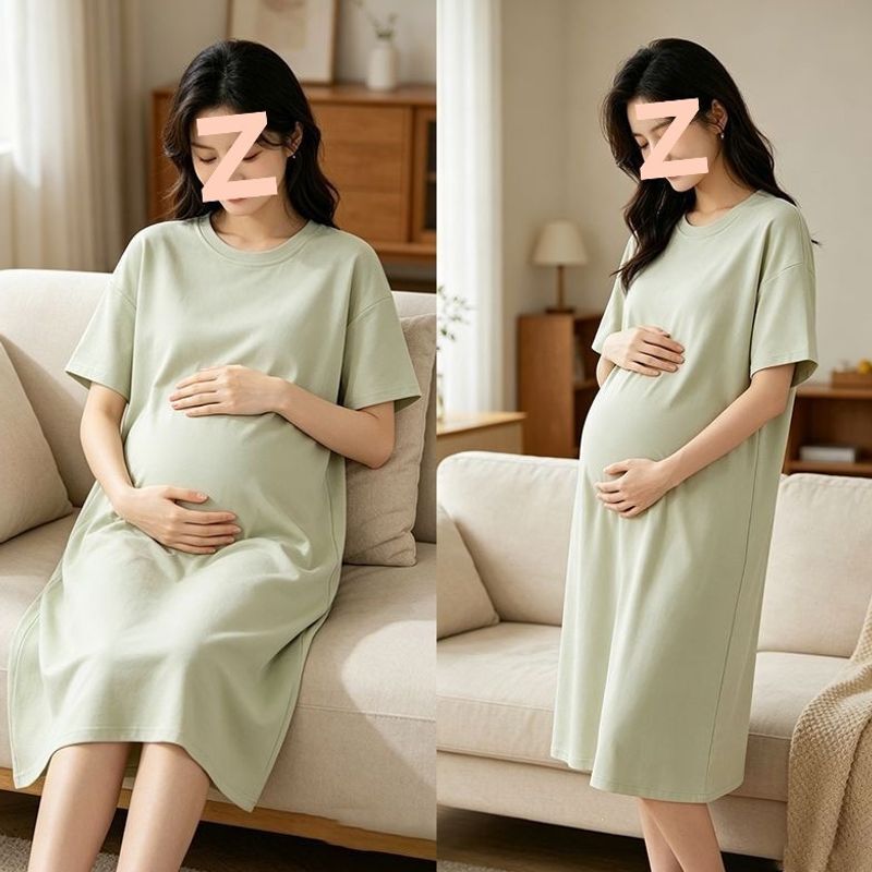New maternity pure cotton long nightgown, loose fit, plus size, solid color, short-sleeved, cotton A-grade dress, can be worn as outerwear, trendy, for cross-border sales New maternity pure cotton long nightgown, loose fit, plus size, solid color, short-sleeved, cotton A-grade dress, can be worn as outerwear, trendy, for cross-border sales