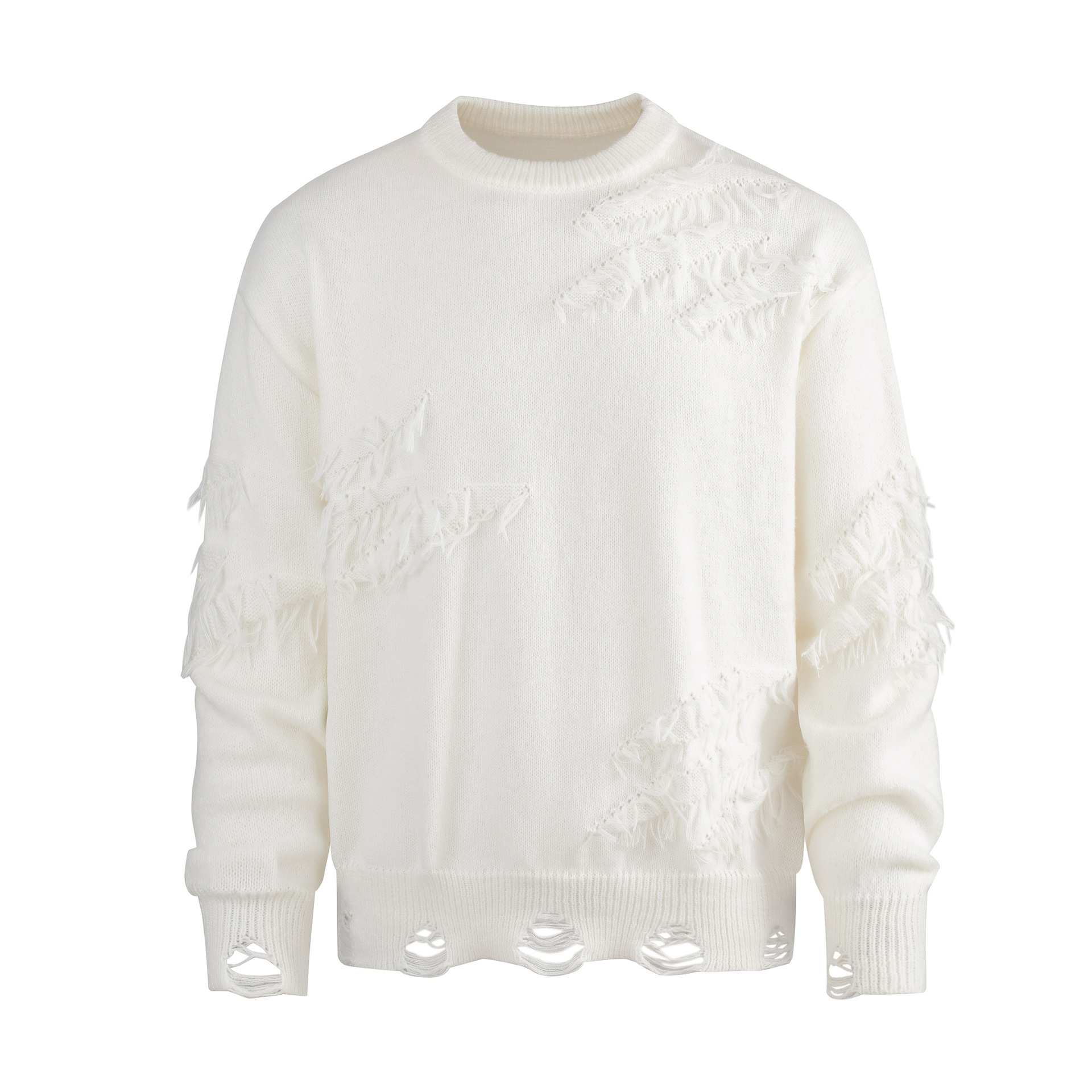 Men's Distressed Knit Sweater Oversized Casual Crewneck Pullover With Slit Hem Trendy Fashion Trends_voghion.com