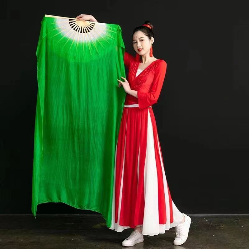 Ventilador de danza luminoso LED tricolor gradiente de seda larga doble cara props de espectáculo de escenario de danza china ventilador luminoso de seda larga