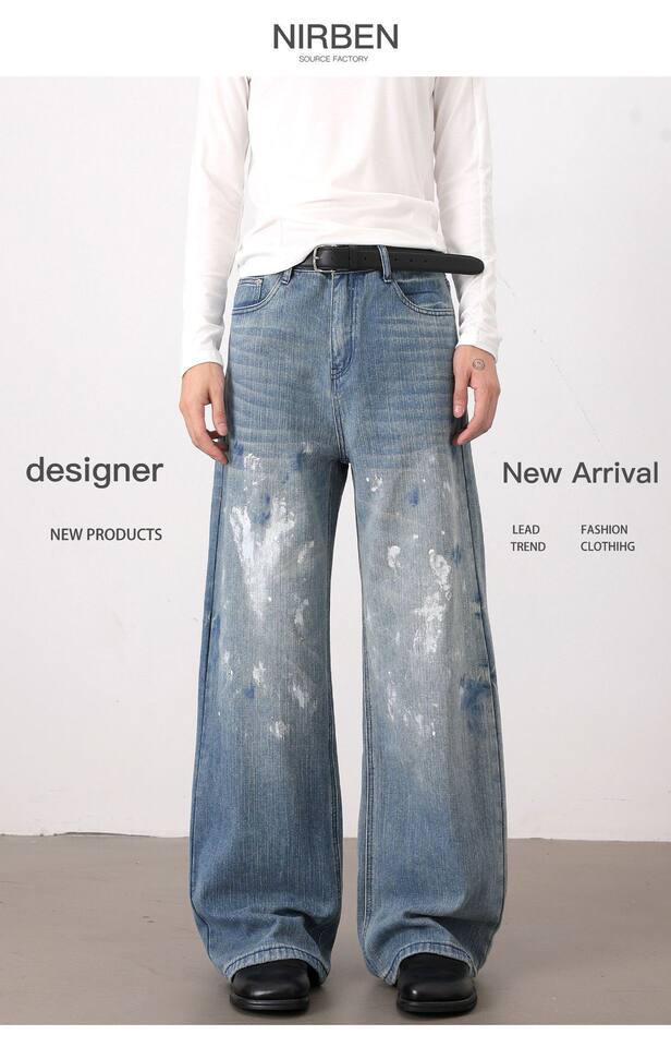 Quần jeans nam ống rộng dáng thẳng phong cách Hàn Quốc, họa tiết vẽ tay độc đáo — Màu xanh dương chi tiết 3