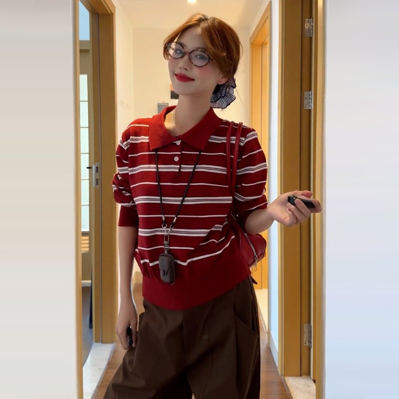 红色条纹针织长袖t恤女秋冬2025新款韩系氛围感穿搭巨好看polo衫|undefined