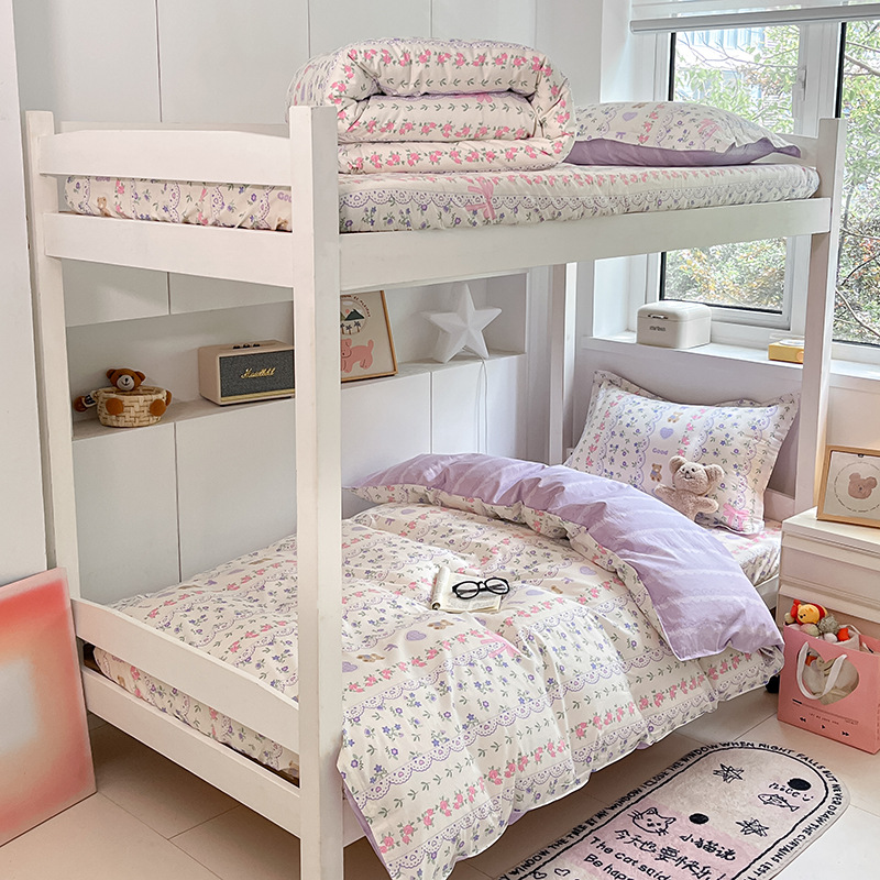 Juego de sábanas impresas de algodón de cuatro piezas Juego de tres piezas para estudiantes individual y doble, dormitorio doméstico de primavera y verano, sábanas lavables a máquina