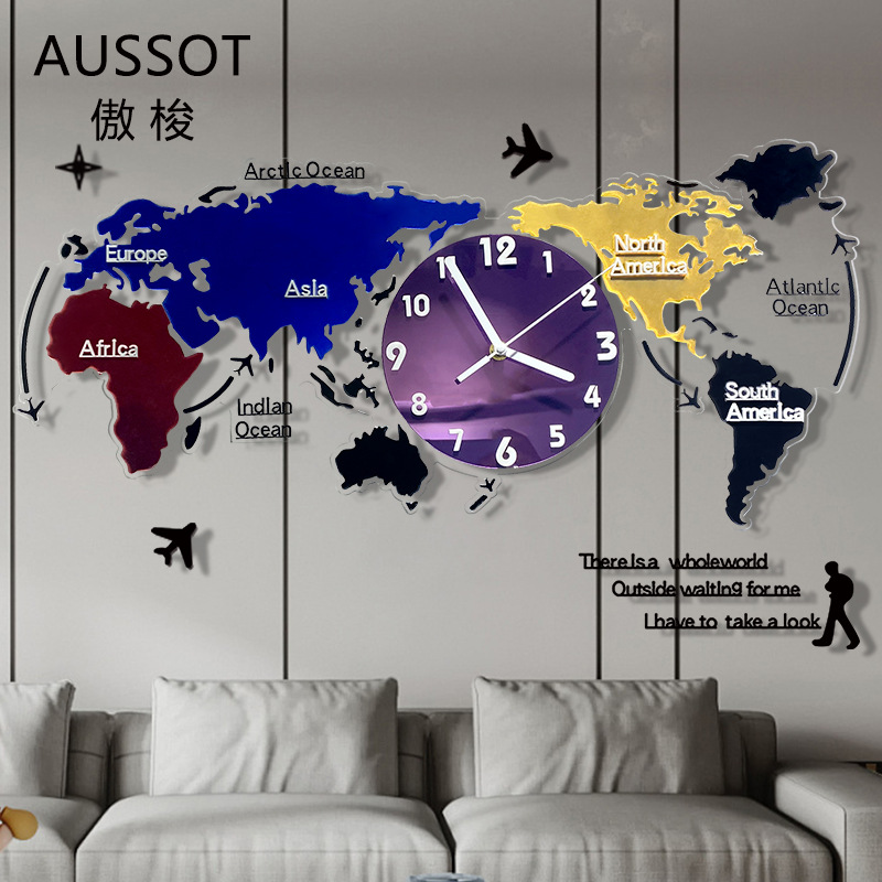 Nuevo estilo europeo colorido acrílico mapa del mundo Reloj de pared sala de estar decoración reloj mudo reloj de arte atmosférico