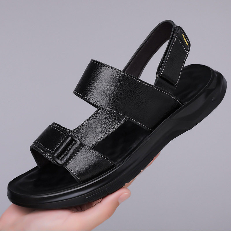 Dép sandal nam da bò đi biển quai dán đế dày mềm — Màu nâu, màu đen