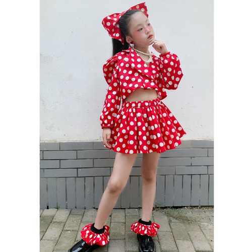Polka-dot  jazz dance catwalk model show suit for kids children girls puffy pleated skirt bow headdress photo shooting cosplay outfits four-piece parent-child set