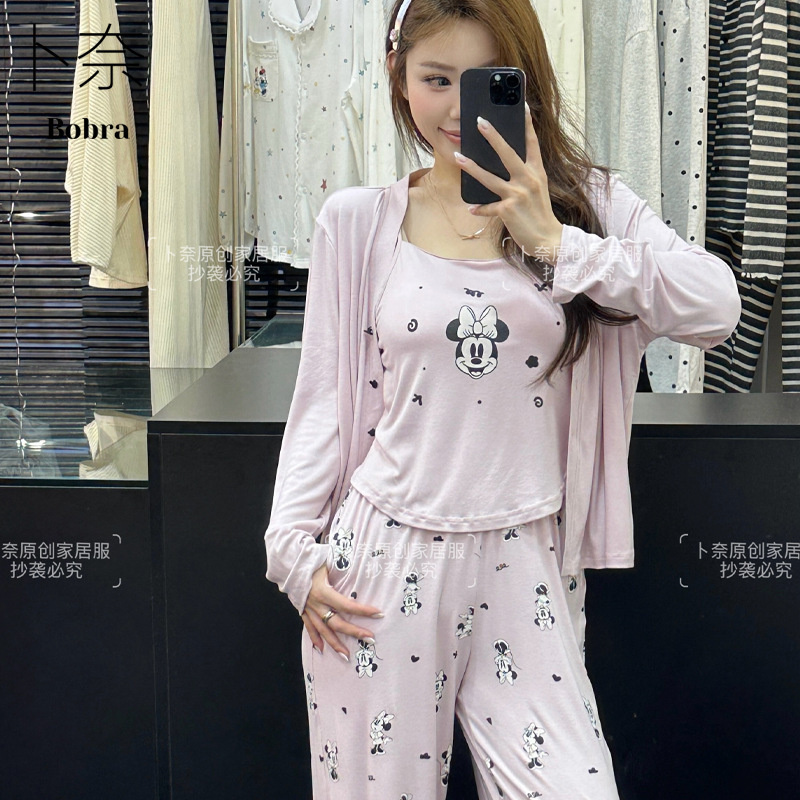 秋季新款卡通米妮莫代尔睡衣女带胸垫可外穿舒适家居服三件套装|undefined