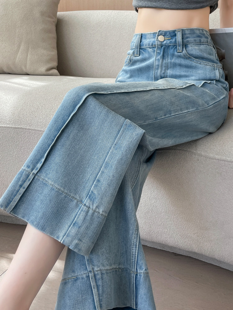 Quần jeans ống rộng nữ dáng suông cạp cao ống suông 9 điểm — Màu xanh hoài cổ 9 điểm