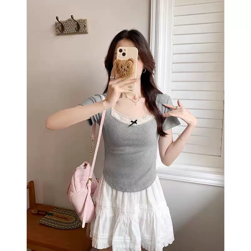 Внешняя торговля Трансграничные 2025 Новый кружевной кружевной воротник с короткими рукавами Женская футболка Чистый стройный короткий топ ins