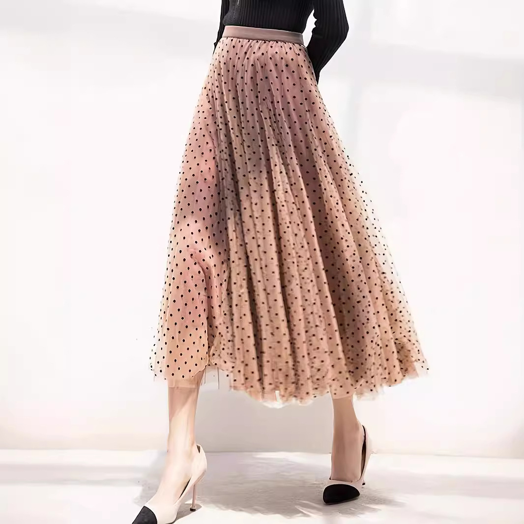 Slimming A-Line Skirt with Velvet Polka Dots and Soft Mesh, Available in Sizes S-5Xl, A-Line Fishtail Skirt, Mid-Length Skirt